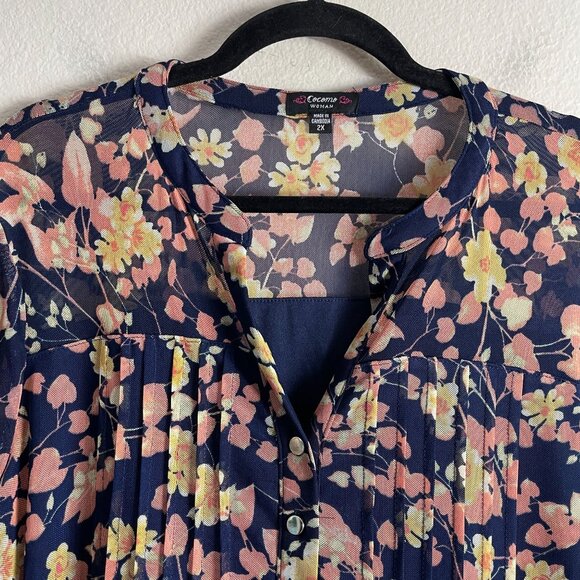 Cocomo Woman Plus 2X Floral Blouse Roll Tab Sleeve Tunic Top Stretch Mesh Shirt - Picture 7 of 9